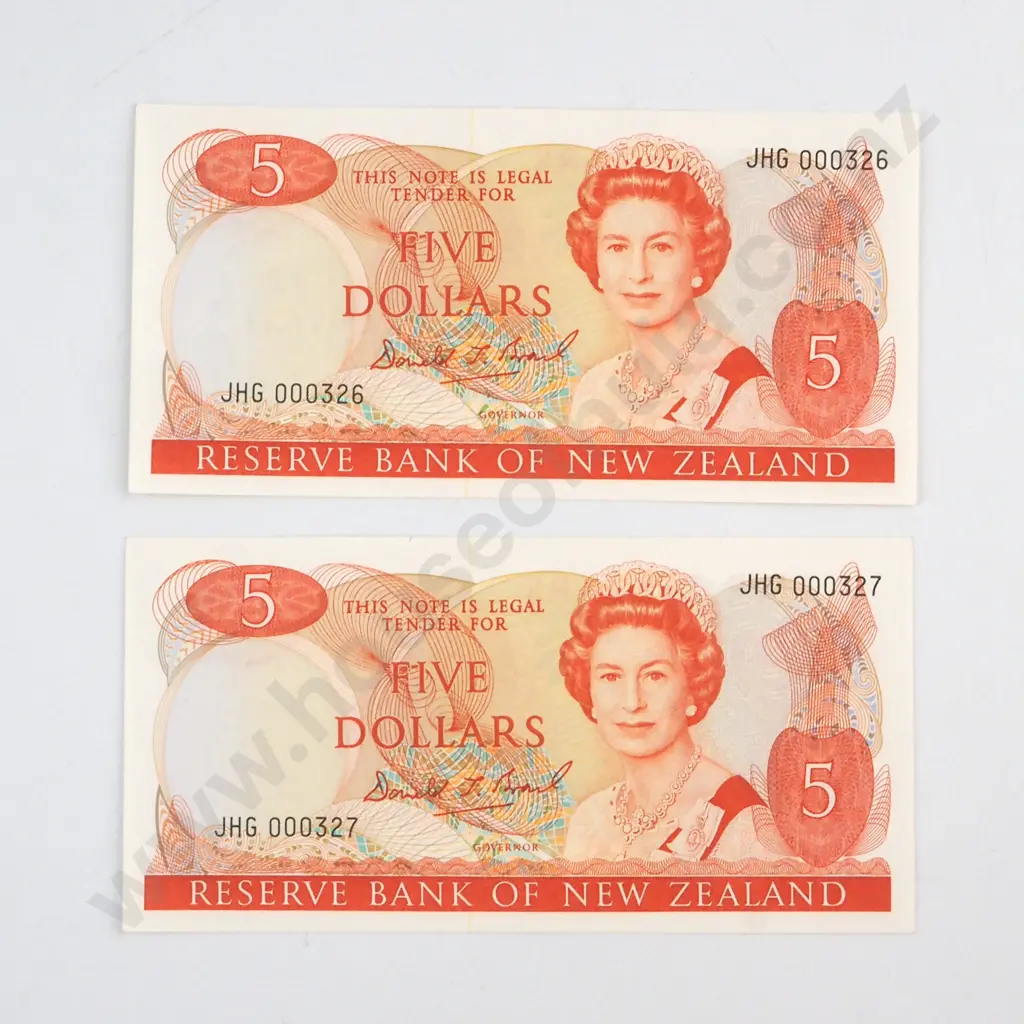 CONSECUTIVELY NUMBERED PAIR BRASH SIGNATURE, SERIALS  JHG 000326 / 7 ( LOW NUMBER )  ( FIRST PREFIX OF SIGNATURE ), UNCIRCULATED, C.V. $100 Image 1++