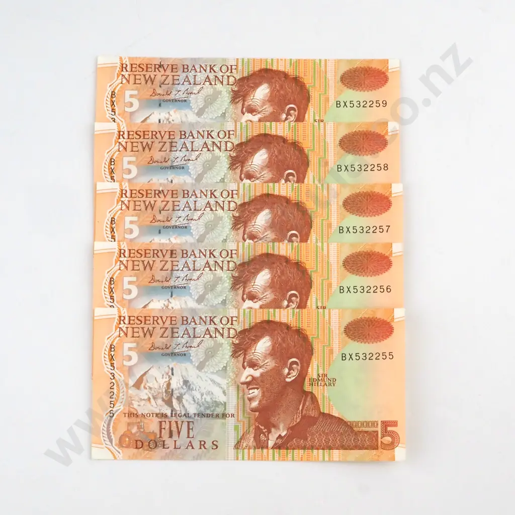 5 X CONSECUTIVELY NUMBERED BRASH TYPE 3 SIGNATURE 1993-1997, SERIALS BX532255 TO BX 532259 , UNCIRCULATED, C.V. $100 Image 1++