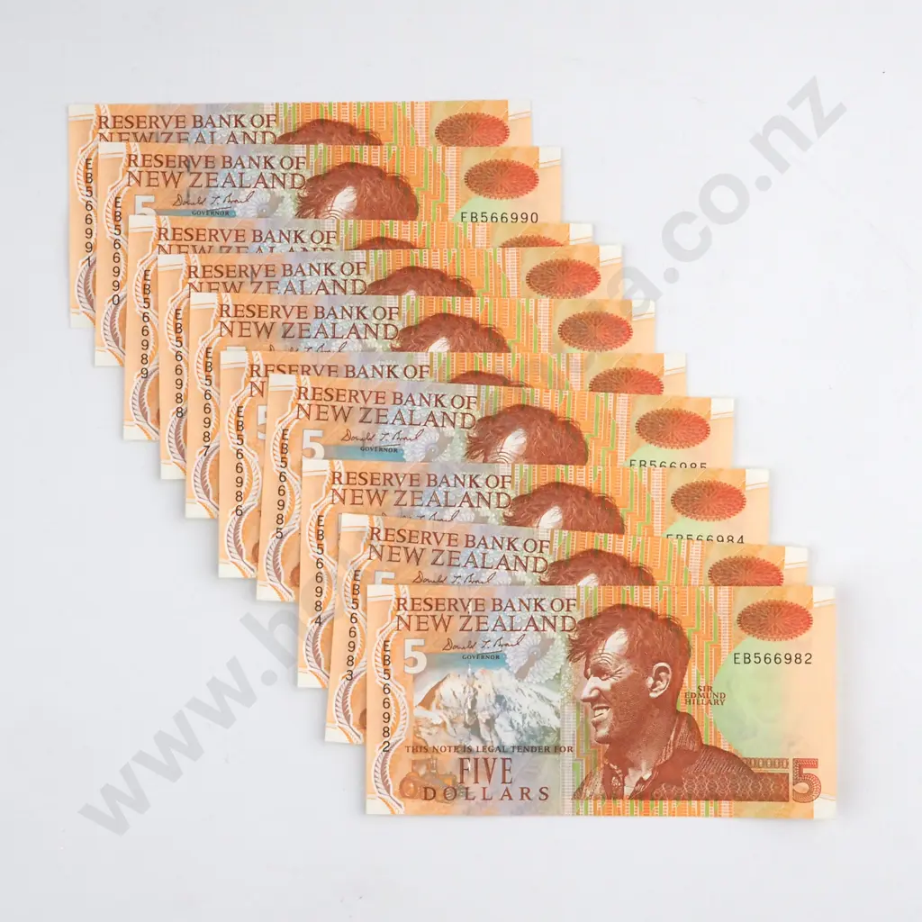 10 X CONSECUTIVELY NUMBERED BRASH TYPE 3 SIGNATURE 1993-1997, SERIALS EB566982 TO EB566991 ( LAST PREFIX OF TYPE ), UNCIRCULATED, C.V. $300 Image 1++