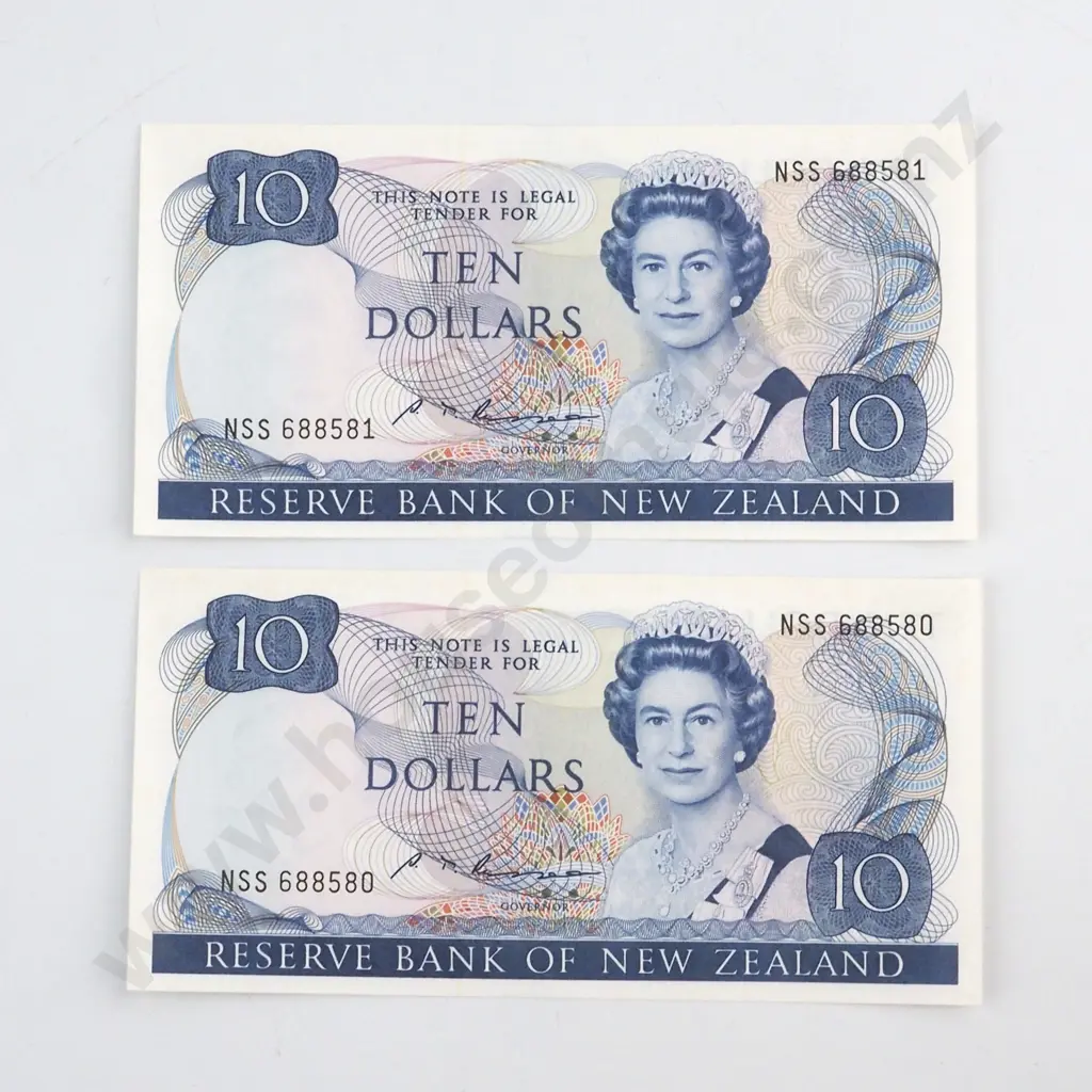 CONSECUTIVELY NUMBERED PAIR RUSSELL SIGNATURE, SERIALS NSS 688580 / 1, UNCIRCULATED, C.V. $180 Image 1++