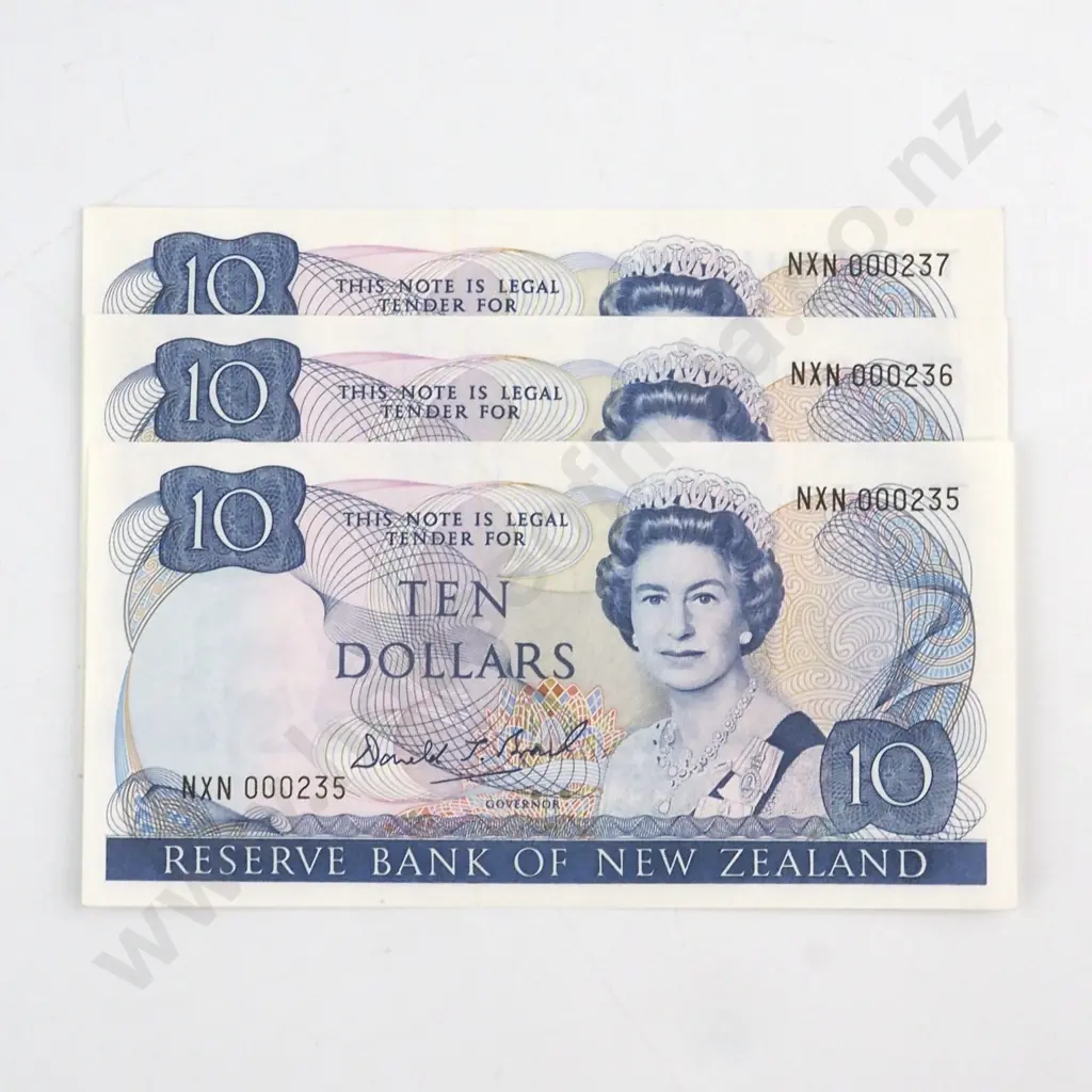 3 X CONSECUTIVELY NUMBERED BRASH SIGNATURE, SERIALS NXN 000235 / 6/ 7 ( LOW NUMBERS ) ( FIRST PREFIX OF SIGNATURE ), UNCIRCULATED, C.V. $100 Image 1++