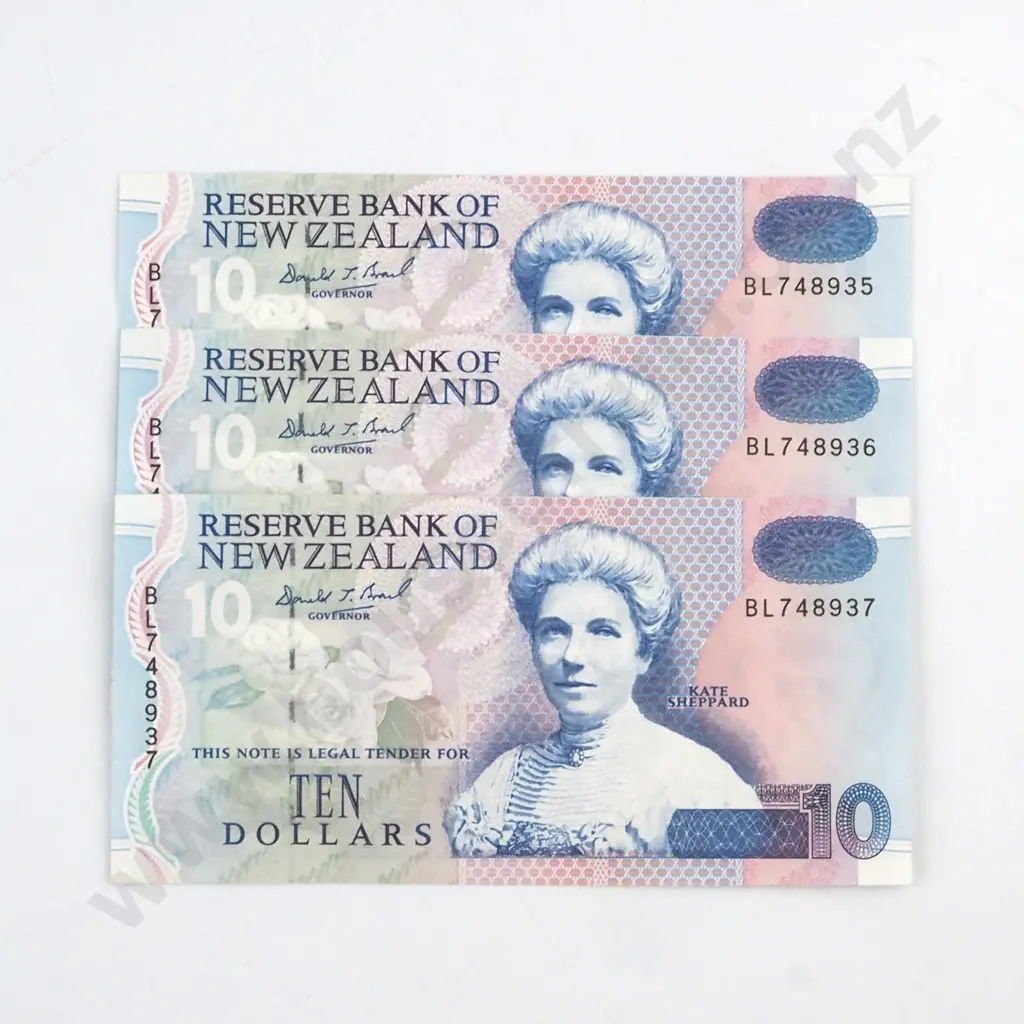 3 X CONSECUTIVELY NUMBERED BRASH SIGNATURE TYPE III, SERIALS BL 748935 / 6/ 7, UNCIRCULATED, C.V. $100 Image 1++