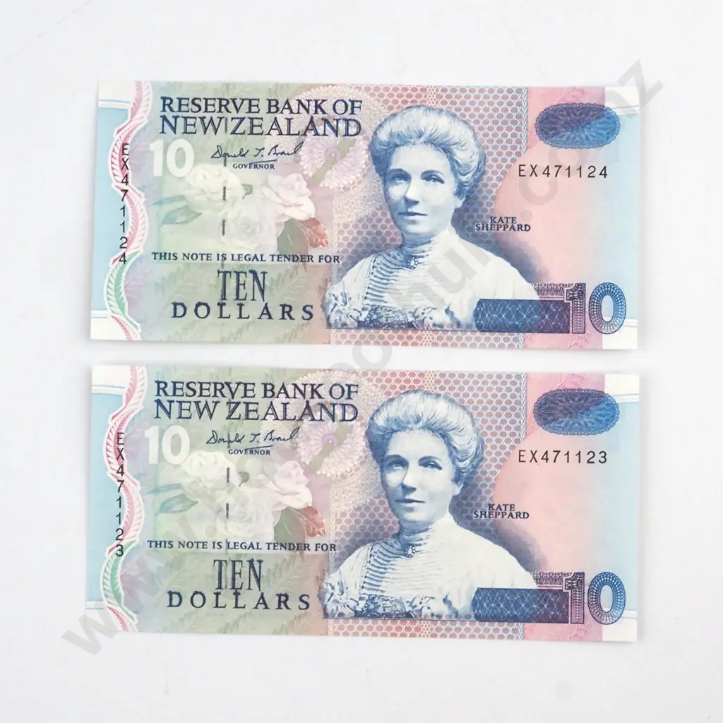 CONSECUTIVELY NUMBERED PAIR  BRASH SIGNATURE TYPE V, SERIALS EX 471123 / 4  ( LAST PREFIX OF TYPE ), UNCIRCULATED, C.V. $400 Image 1++