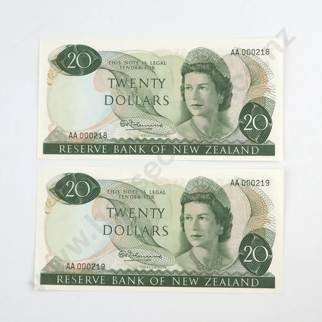 CONSECUTIVELY NUMBERED PAIR FLEMING SIGNATURE, SERIALS AA 000218 / 9  ( LOW NUMBERS ) ( FIRST PREFIX OF SIGNATURE ), UNCIRCULATED, C.V. $800 Image 1++