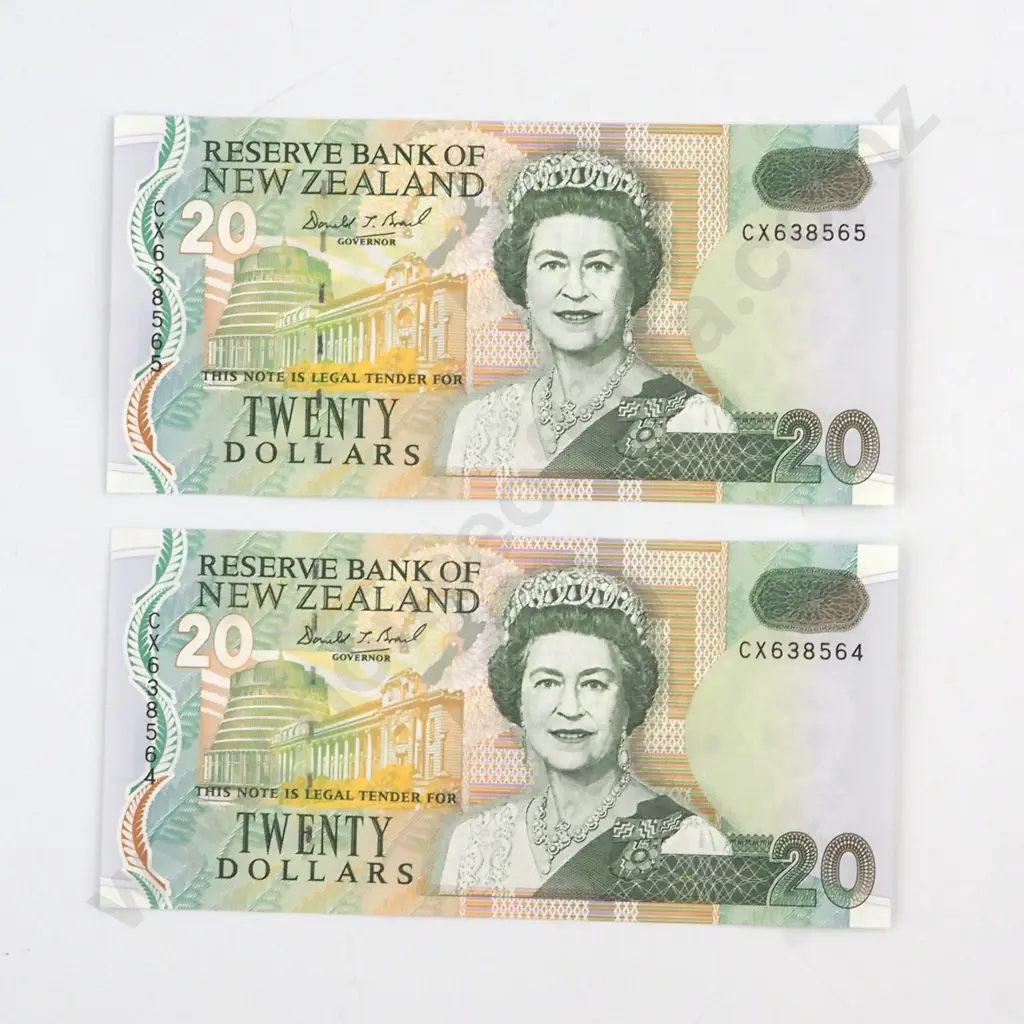 CONSECUTIVELY NUMBERED PAIR BRASH TYPE II SIGNATURE, SERIALS CX 638564 / 5 ( LAST PREFIX OF TYPE ), UNCIRCULATED, C.V. $400 Image 1++