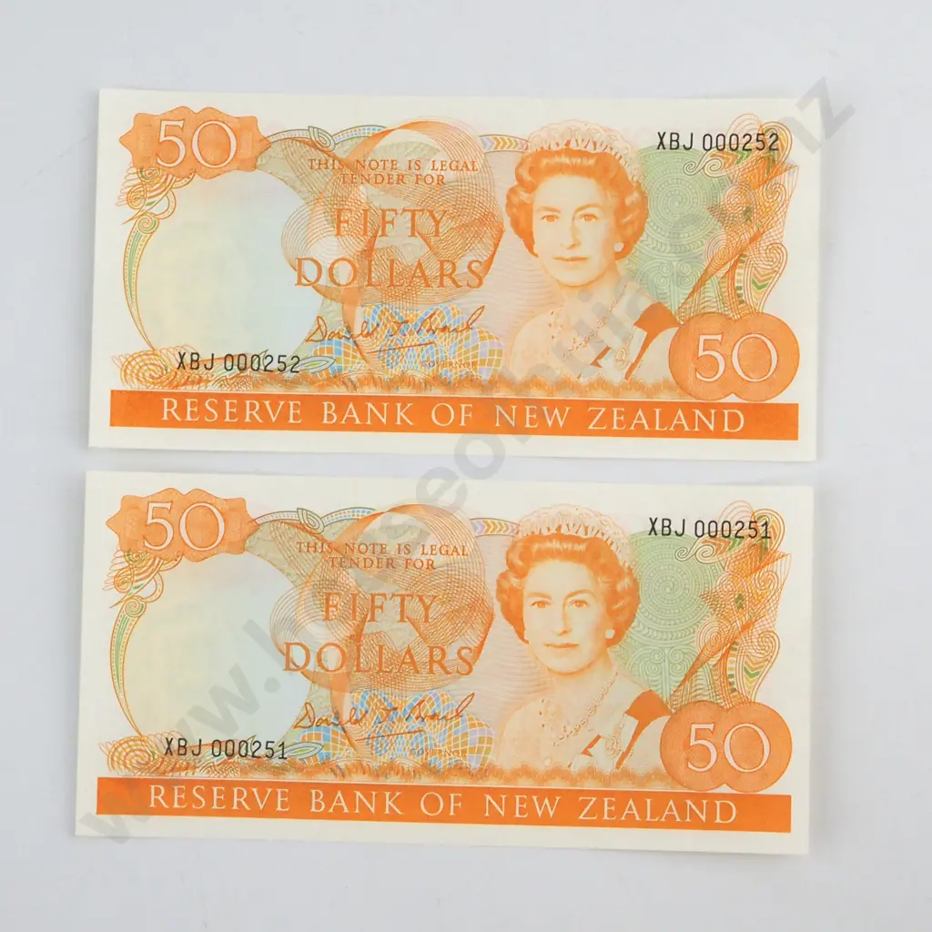 CONSECUTIVELY NUMBERED PAIR BRASH TYPE I SIGNATURE, SERIALS XBJ 000251 / 2  ( LOW NUMBERS )( FIRST PREFIX OF SIGNATURE ), UNCIRCULATED, C.V. $1600 Image 1++