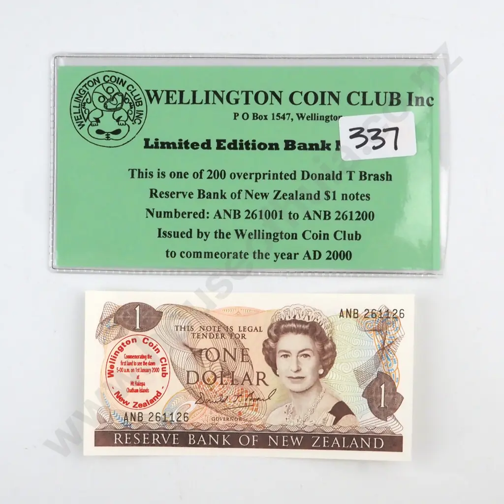 ONE DOLLAR BRASH TYPE I SIGNATURE, 2000 WELLINGTON COIN CLUB ISSUE ( 200 NOTES ISSUED ), UNCIRCULATED, C.V. $150 Image 1++