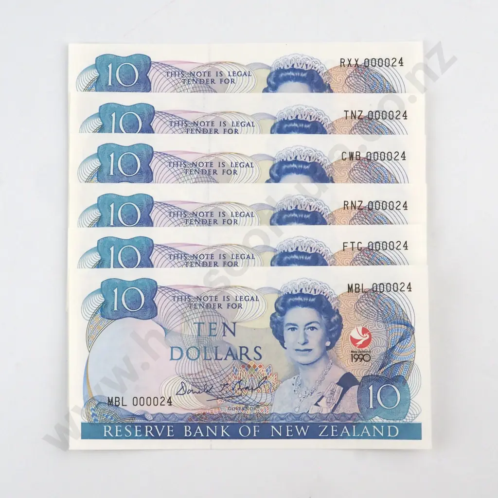 SET OF SIX NOTES BRASH TYPE I SIGNATURE, $10 1990 SESQUICENTENARY ISSUE, EACH WITH SERAL NUMBER 000024, PREFIXES MBL, FTC, RNZ, CWB, TNZ, RXX ( SPONSORS SPECIAL PREFIXES ), UNCIRCULATED, C.V. $450 Image 1++