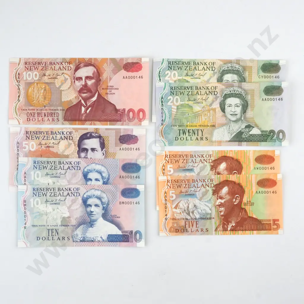 SET OF EIGHT NOTES BRASH TYPE II SIGNATURE 1992, $5 TO $100, EACH WITH SERAL NUMBER 000146, EACH FIRST PREFIX OF SIGNATURE, PLUS BRASH TYPE III SIGNATURE 1993, $5, $10, $20, EACH WITH SERIAL NUMBER 000146, EACH FIRST PREFIX OF SIGNATURE, UNCIRCULATED, C.V. $1100 Image 1++