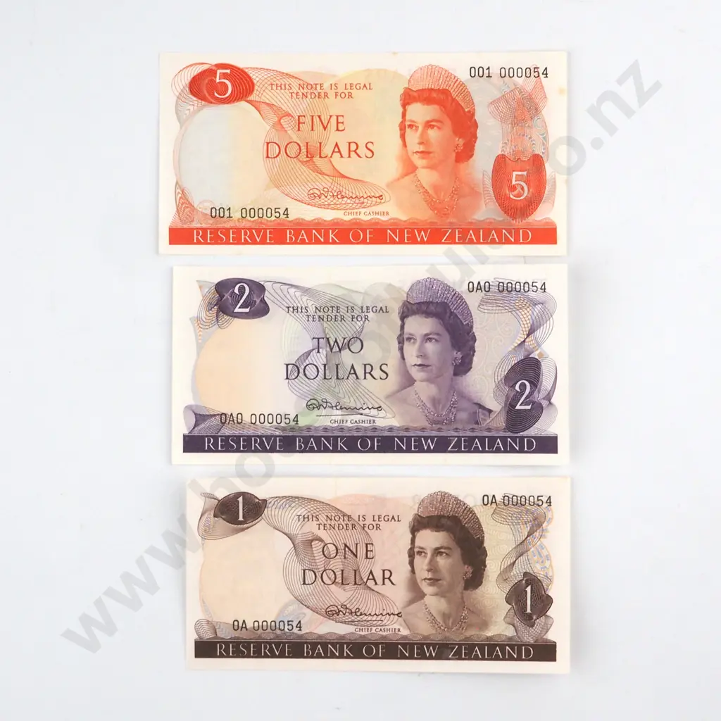 3 X FLEMING SIGNATURE NOTES, $1, $2, $5, EACH WITH SERIALS 000054 ( LOW NUMBERS ) ( FIRST PREFIXES OF SIGNATURE ), UNCIRCULATED, C.V. $800 ( NOT COUNTING THE MATCHING SERIALS ) Image 1++
