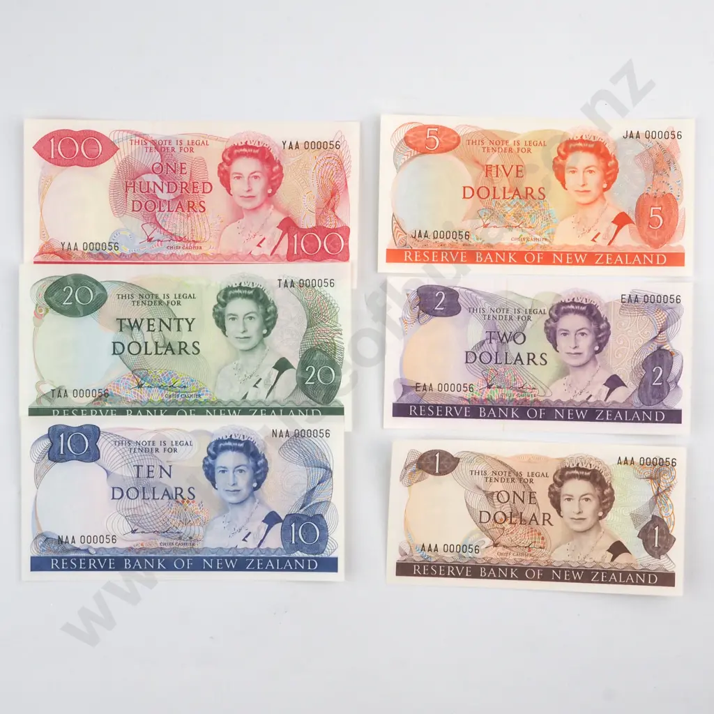 6 X HARDIE TYPE II SIGNATURE NOTES, $1, $2, $5, $10, $20, $100, EACH WITH SERIALS 000056 ( LOW NUMBERS ) ( FIRST PREFIXES OF SIGNATURE ), UNCIRCULATED, C.V. $1500 ( NOT COUNTING THE MATCHING SERIALS ) Image 1++