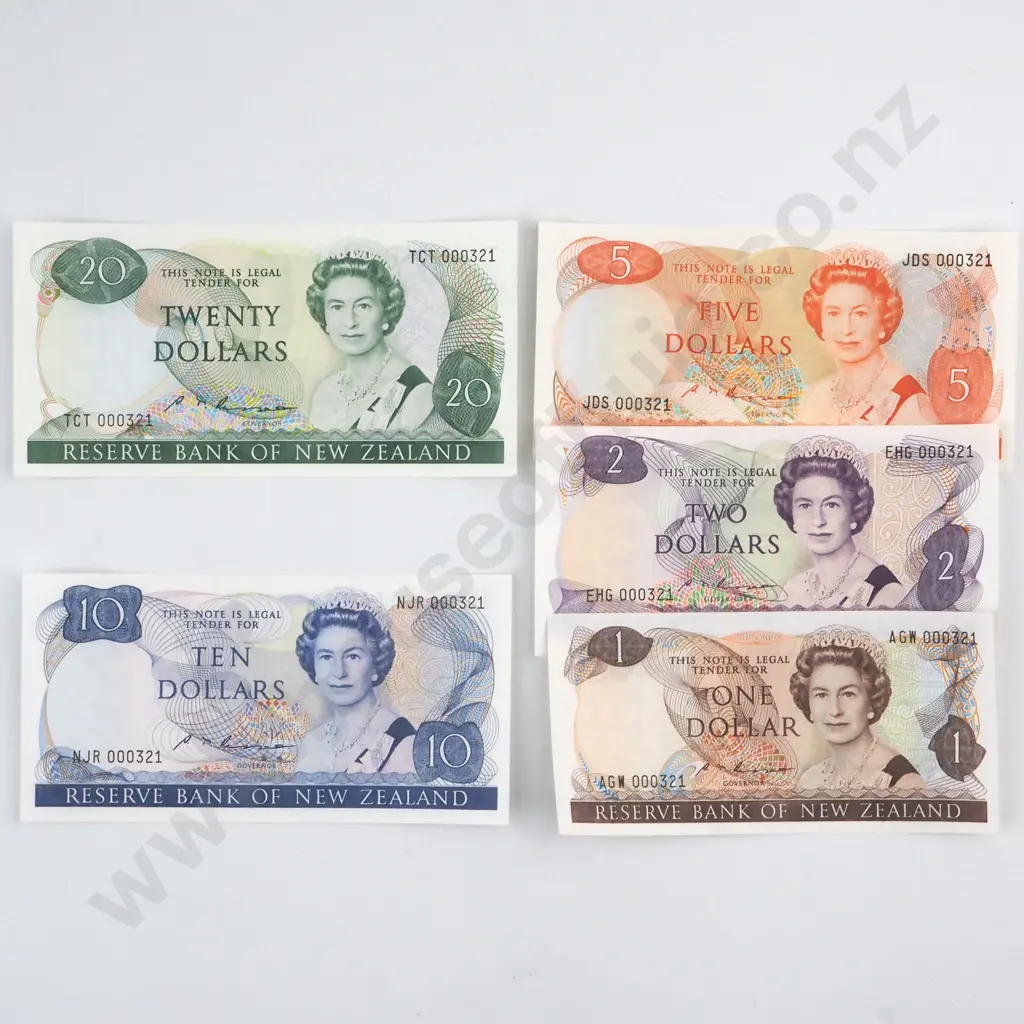 5 X RUSSELL SIGNATURE NOTES, $1, $2, $5, $10, $20, EACH WITH SERIALS 000321 ( LOW NUMBERS ) ( FIRST PREFIXES OF SIGNATURE ), UNCIRCULATED, C.V. $495 ( NOT COUNTING THE MATCHING SERIALS ) Image 1++