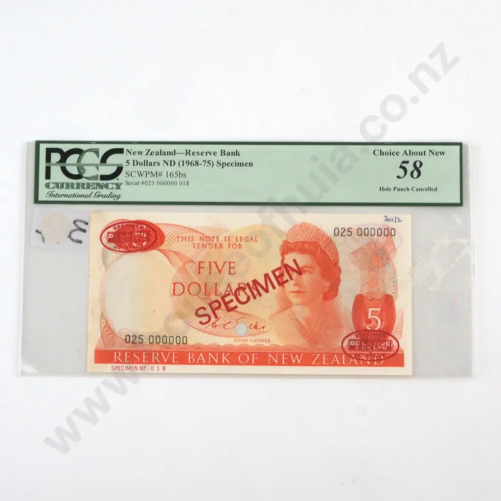 FIVE DOLLARS WILKS SIGNATURE SPECIMEN, SERIAL 025 000000, GRADED AND SLABBED BY PCGS AS CHOICE ABOUT NEW 58 ( TAPE RESIDUE ON THE REVERSE RIGHT MARGIN ) Image 1++