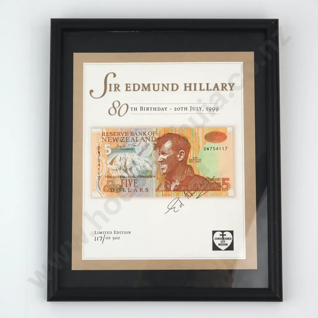 Sir Edmund Hillary 80th Birthday Signed Five Dollar Banknote - City Mission Edition 117/500 Image 1++