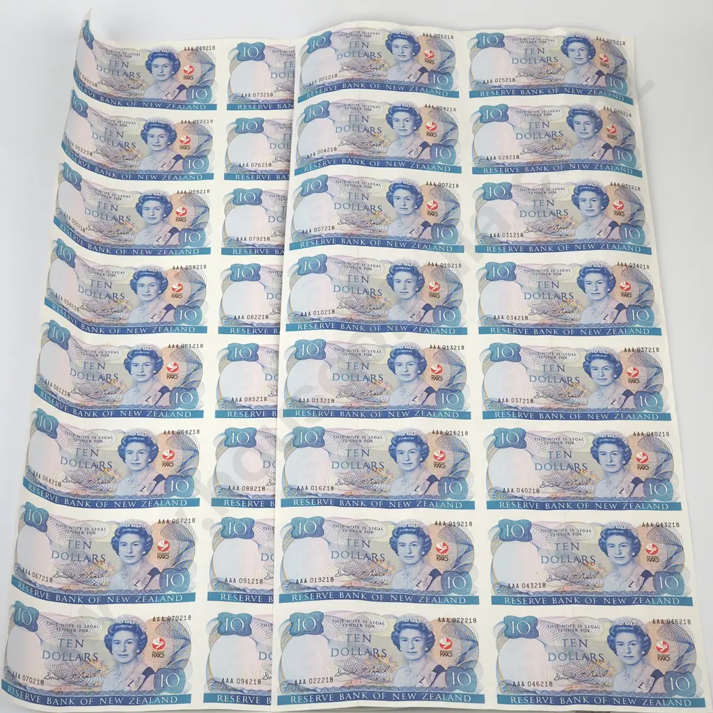 Two Uncut Sheets of 16 1990 New Zealand $10 Banknotes - In Original 1990 Tube Image 1++