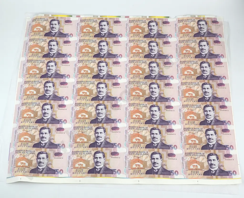 New Zealand 1992 Fifty Dollar Uncut Sheet of 28 Image 1++