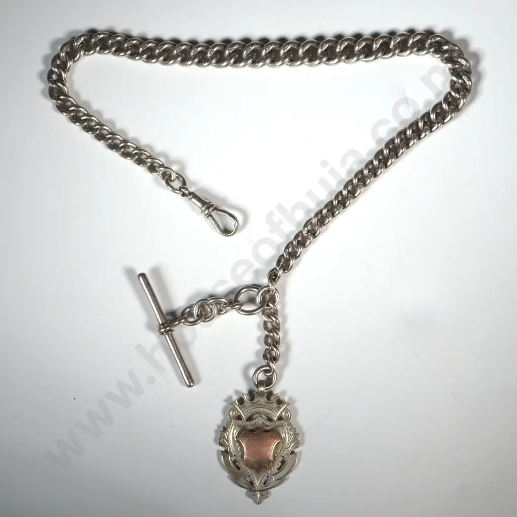 Sterling Silver Antique Curb Link T Bar Fob Necklace Image 1++