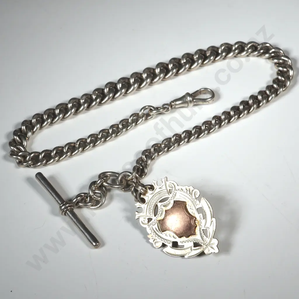Sterling Silver Antique Curb Link T Bar Fob Necklace Image 1++