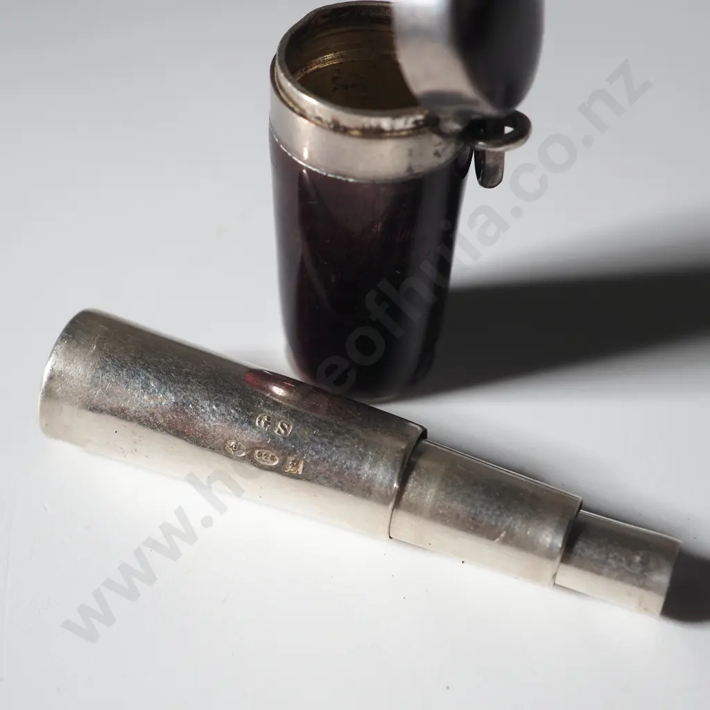 Sterling Silver Engine Turned Enamel Portable Cigarette Holder in Case A/F - Some Enamel Loss Image 1++