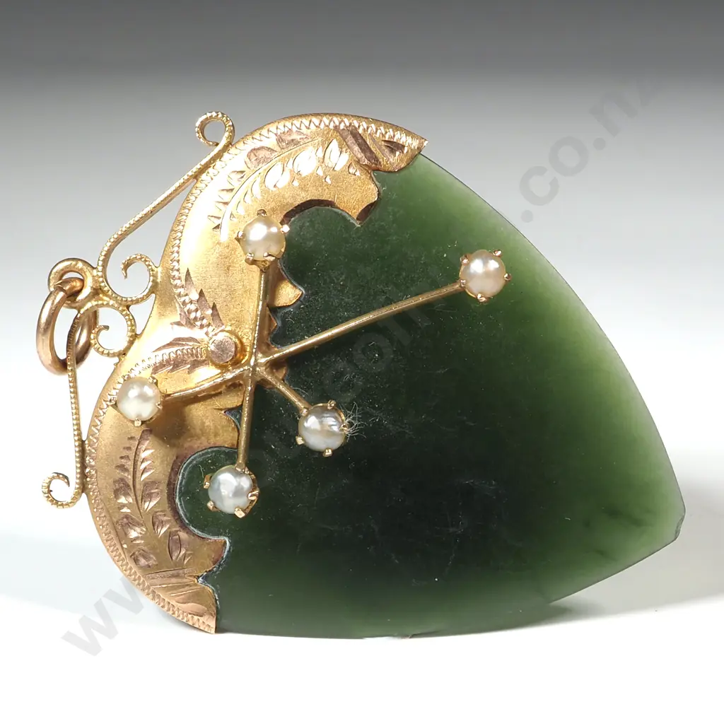 Colonial 9ct Gold & Greenstone Heart Pendant w Southern Cross Motif w Seedpearls Image 1++