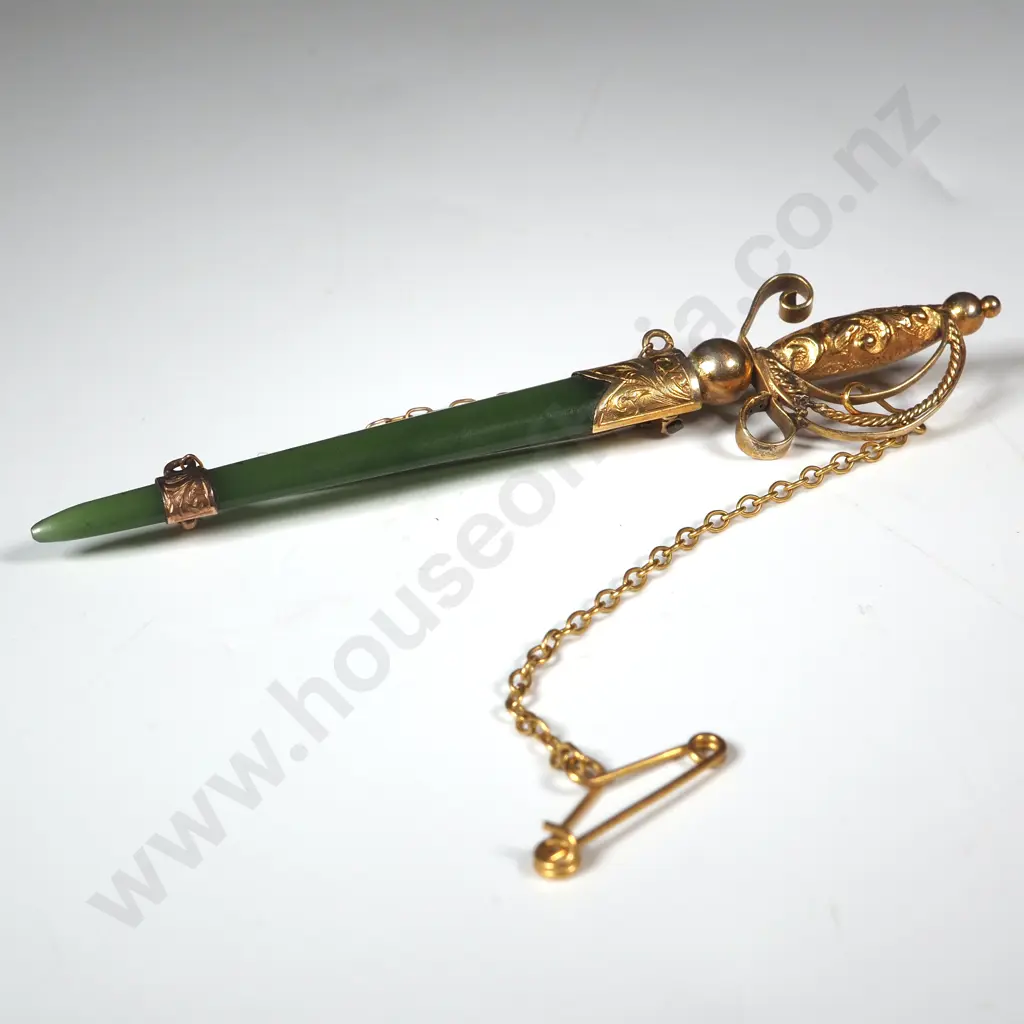 Colonial 9ct Gold & Greenstone Sword Brooch Image 1++