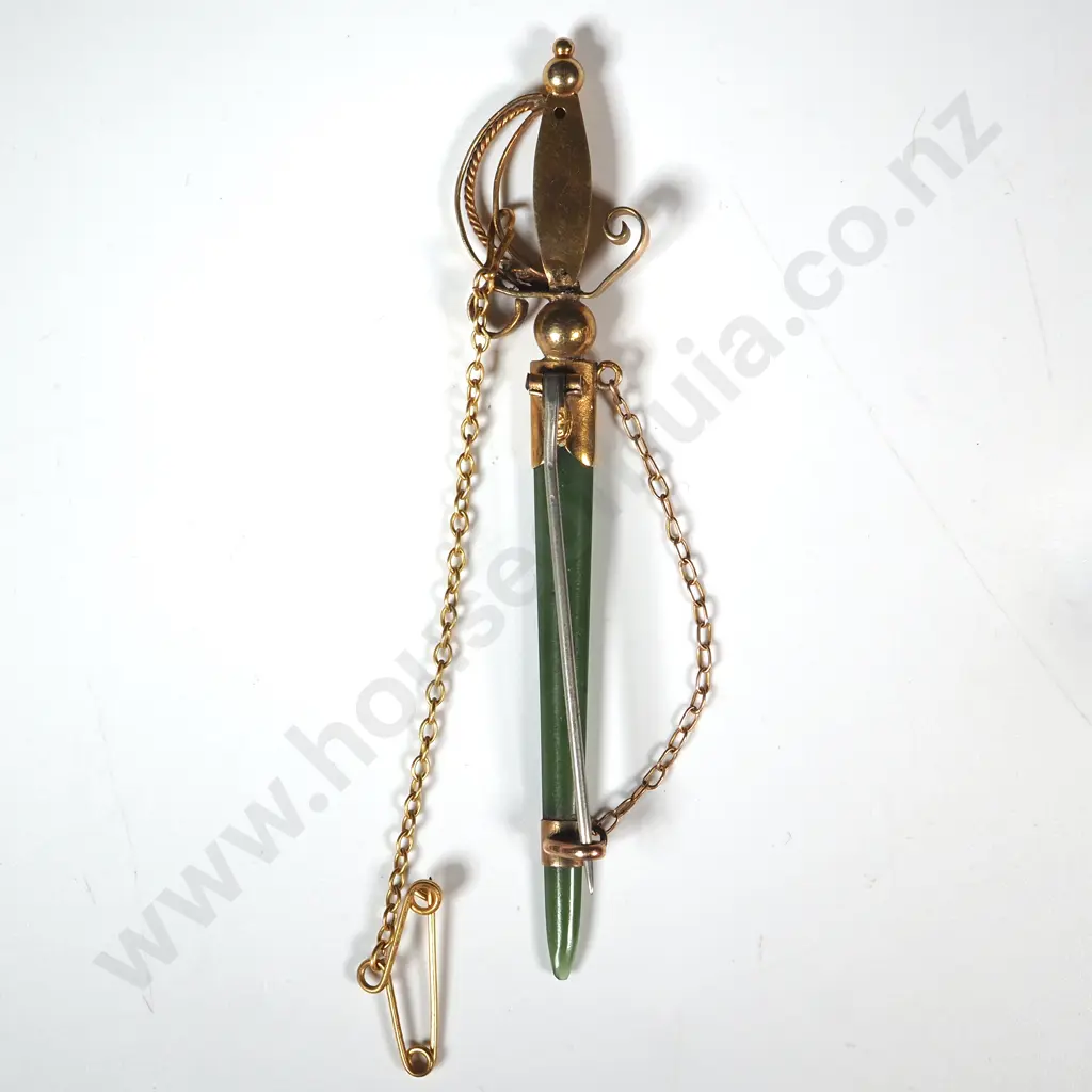 Colonial 9ct Gold & Greenstone Sword Brooch Image 1++