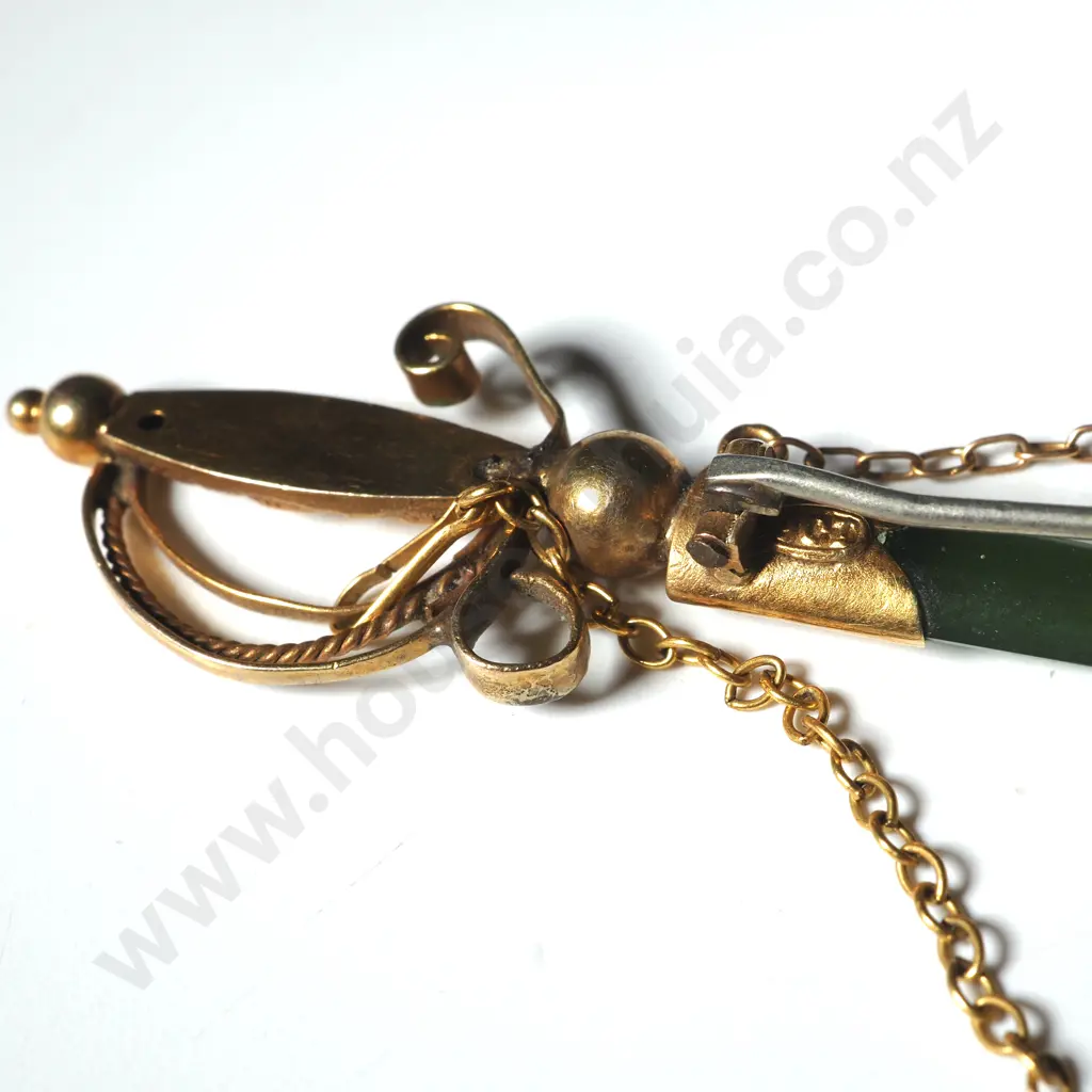 Colonial 9ct Gold & Greenstone Sword Brooch Image 1++