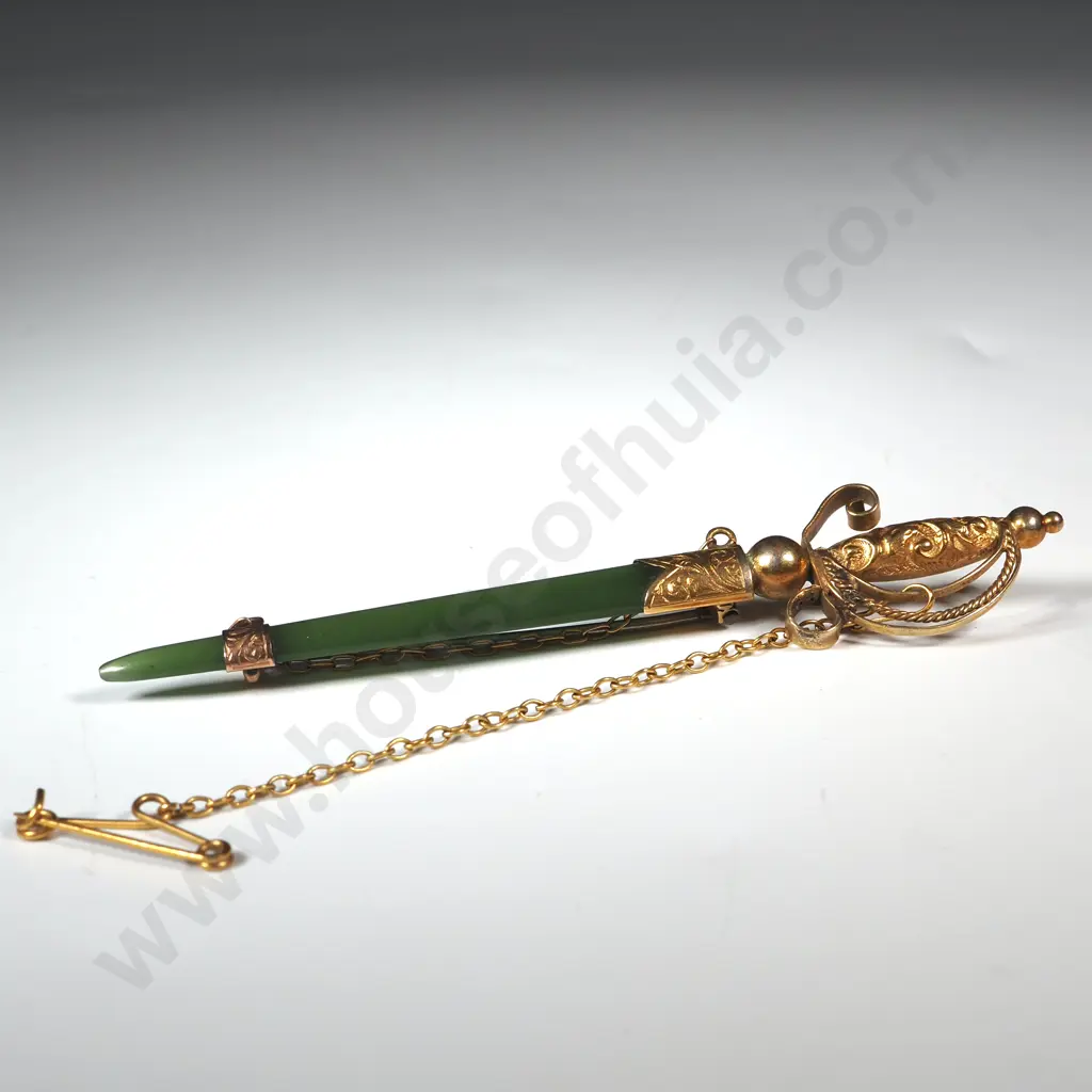 Colonial 9ct Gold & Greenstone Sword Brooch Image 1++