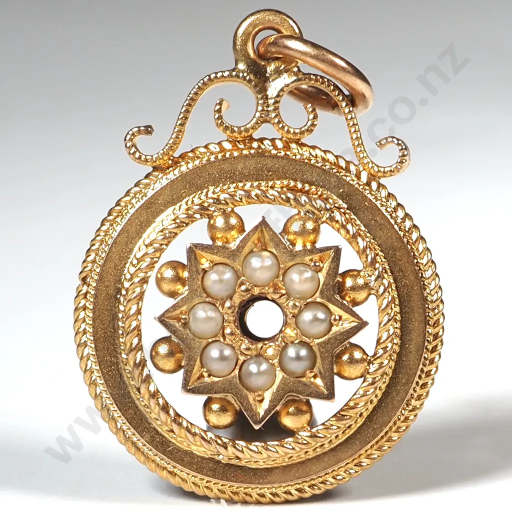 Antique 9ct Gold & Seedpearl Pendant w Gallery Decoration Image 1++