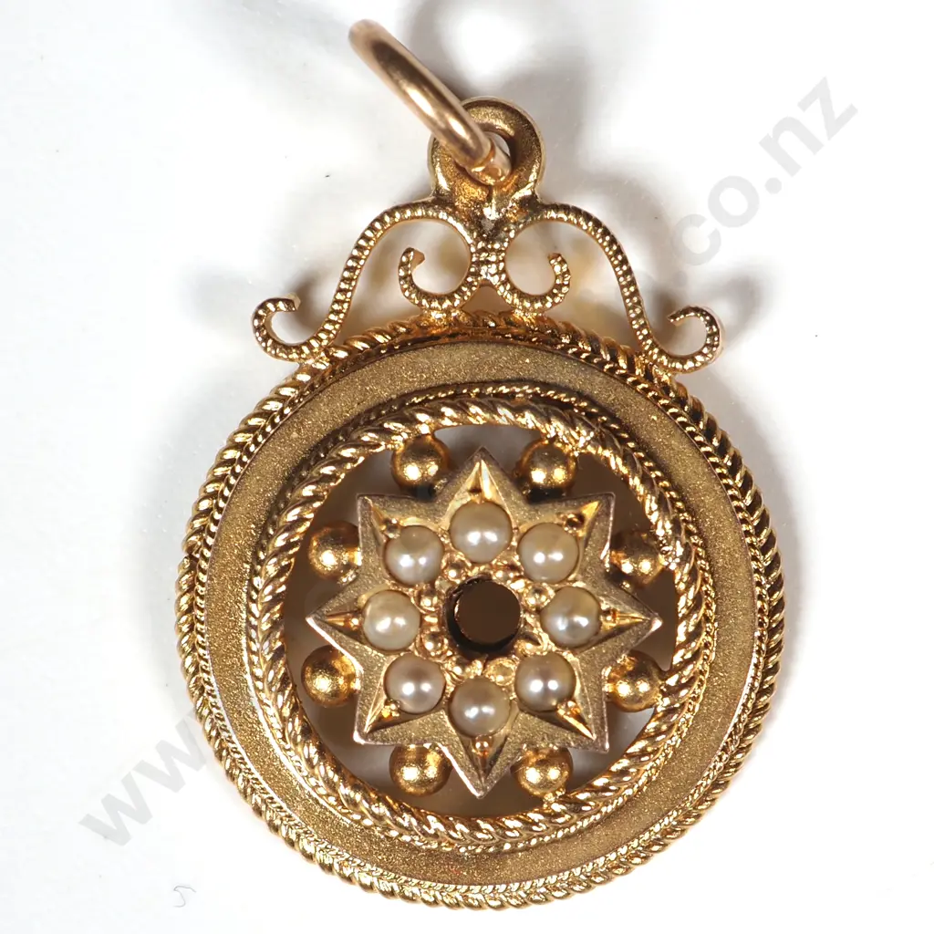 Antique 9ct Gold & Seedpearl Pendant w Gallery Decoration Image 1++