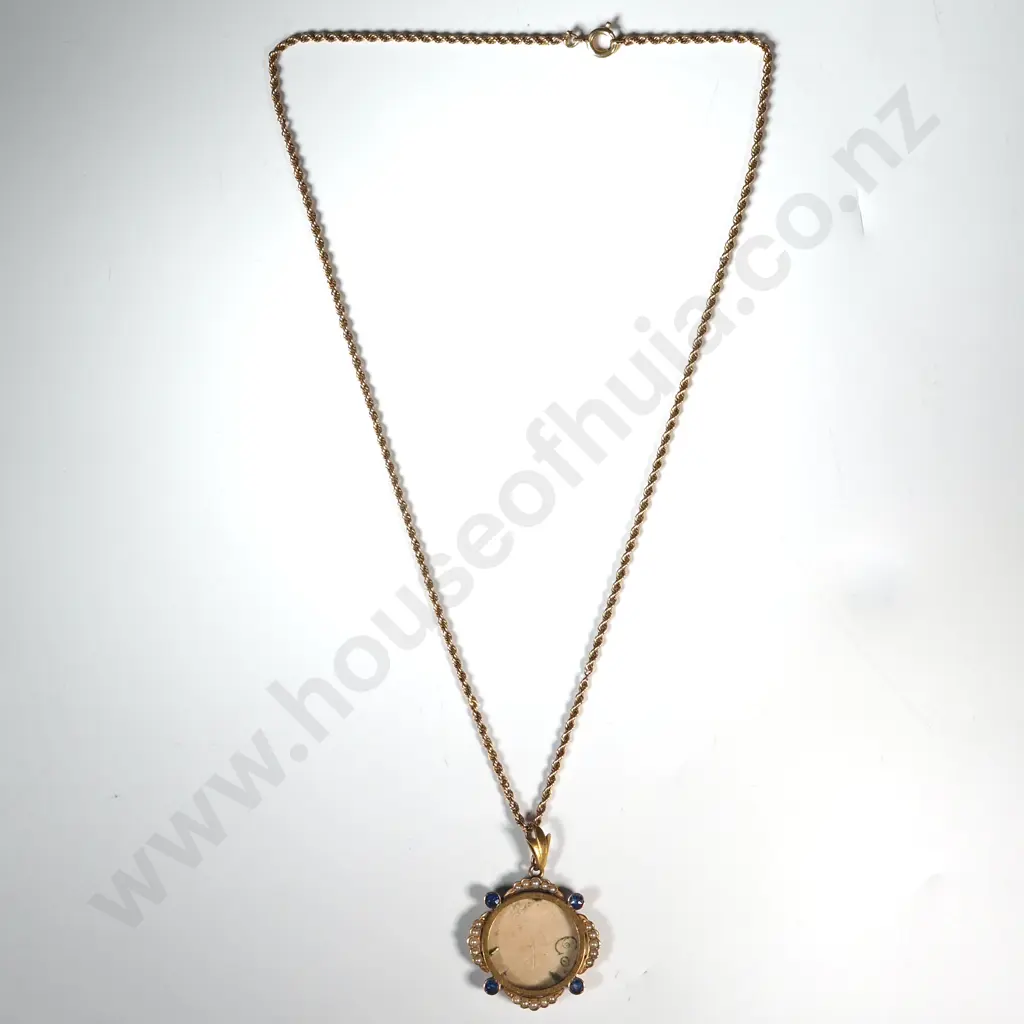 Antique 9ct Gold Seedpearl Sapphire Pendant w Rope Chain Image 1++