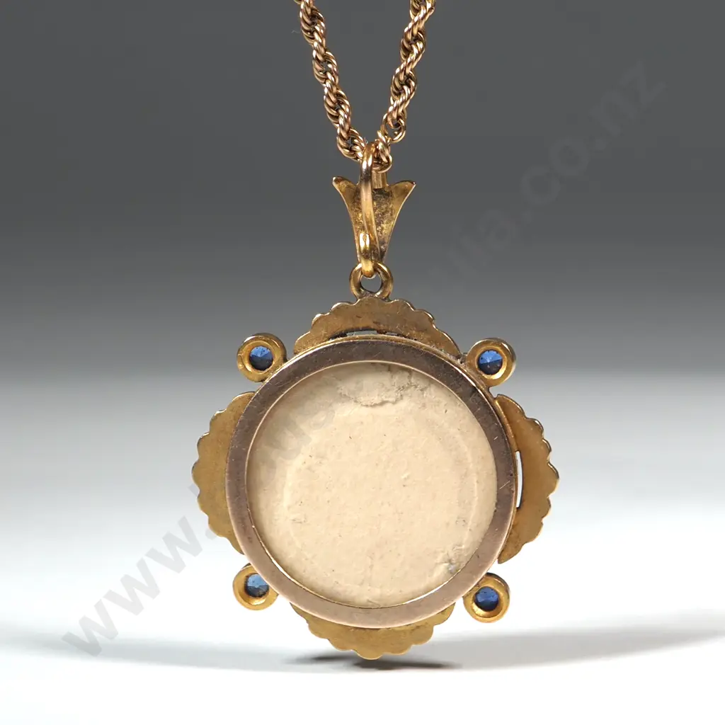 Antique 9ct Gold Seedpearl Sapphire Pendant w Rope Chain Image 1++