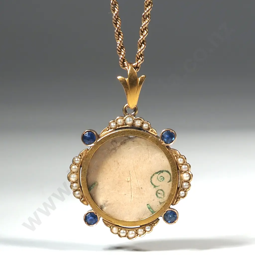 Antique 9ct Gold Seedpearl Sapphire Pendant w Rope Chain Image 1++