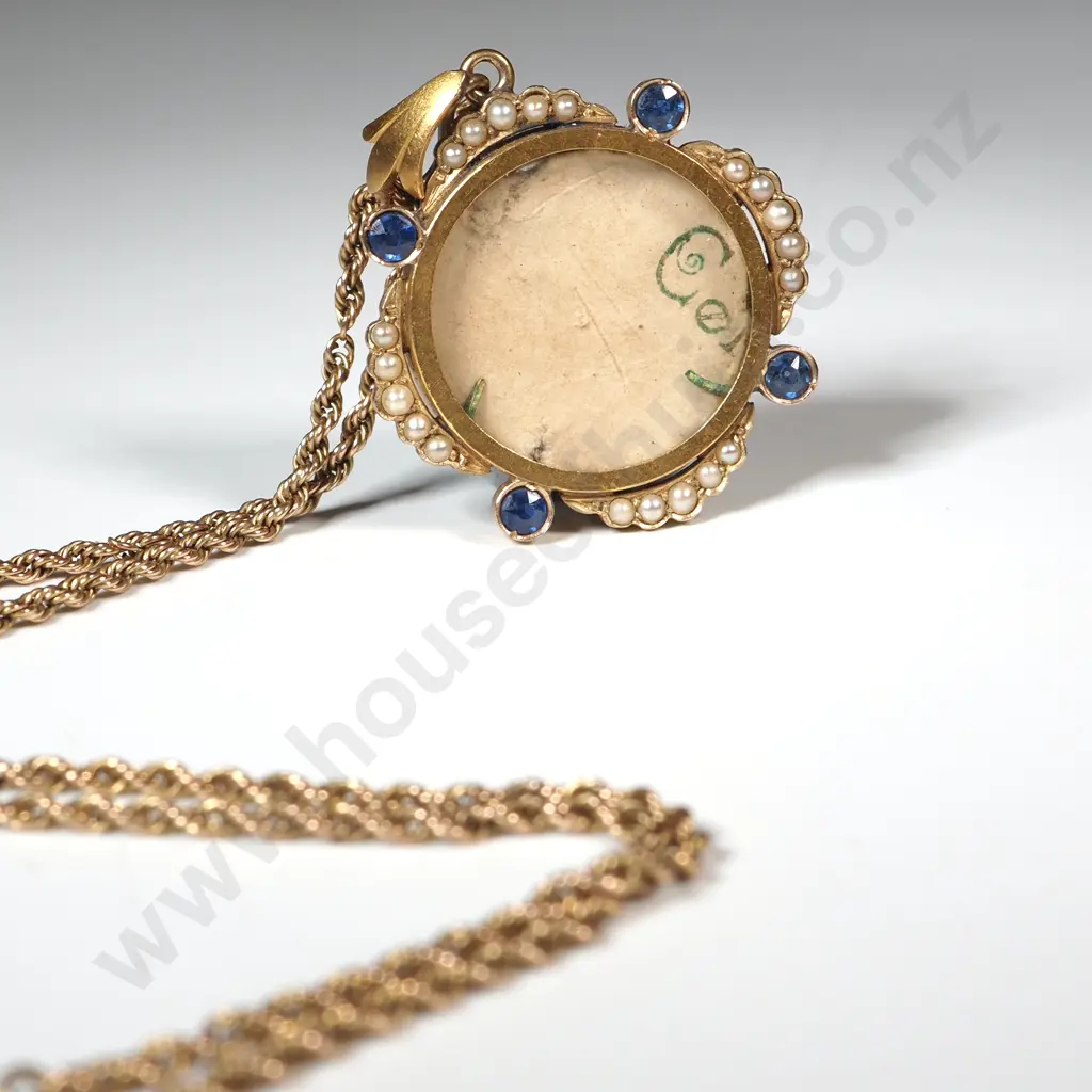 Antique 9ct Gold Seedpearl Sapphire Pendant w Rope Chain Image 1++