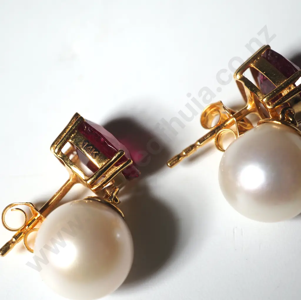 Pair Of 14 ct Tourmaline & Pearl Pendant Earrings  Image 1++