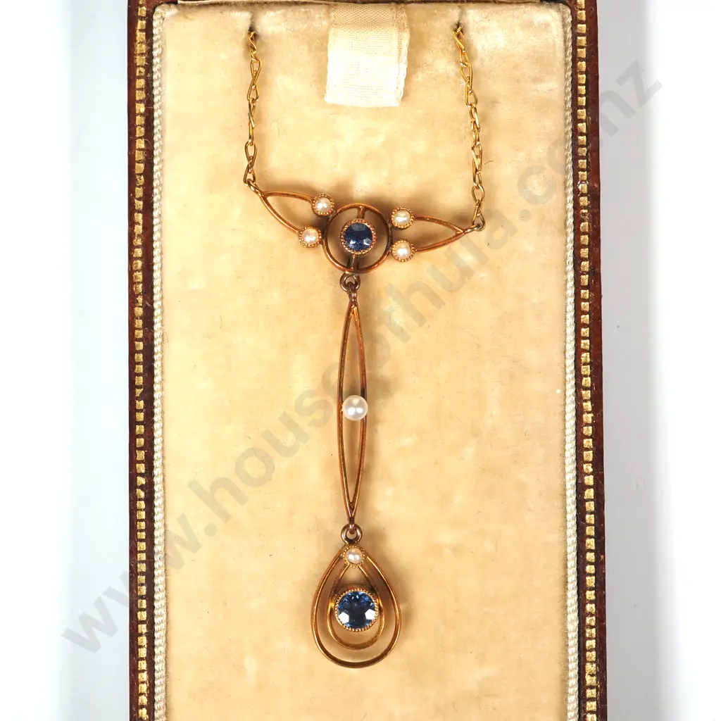 Cased Art Deco Antique 15ct Gold Sapphire & Seed Pearl Necklace Image 1++