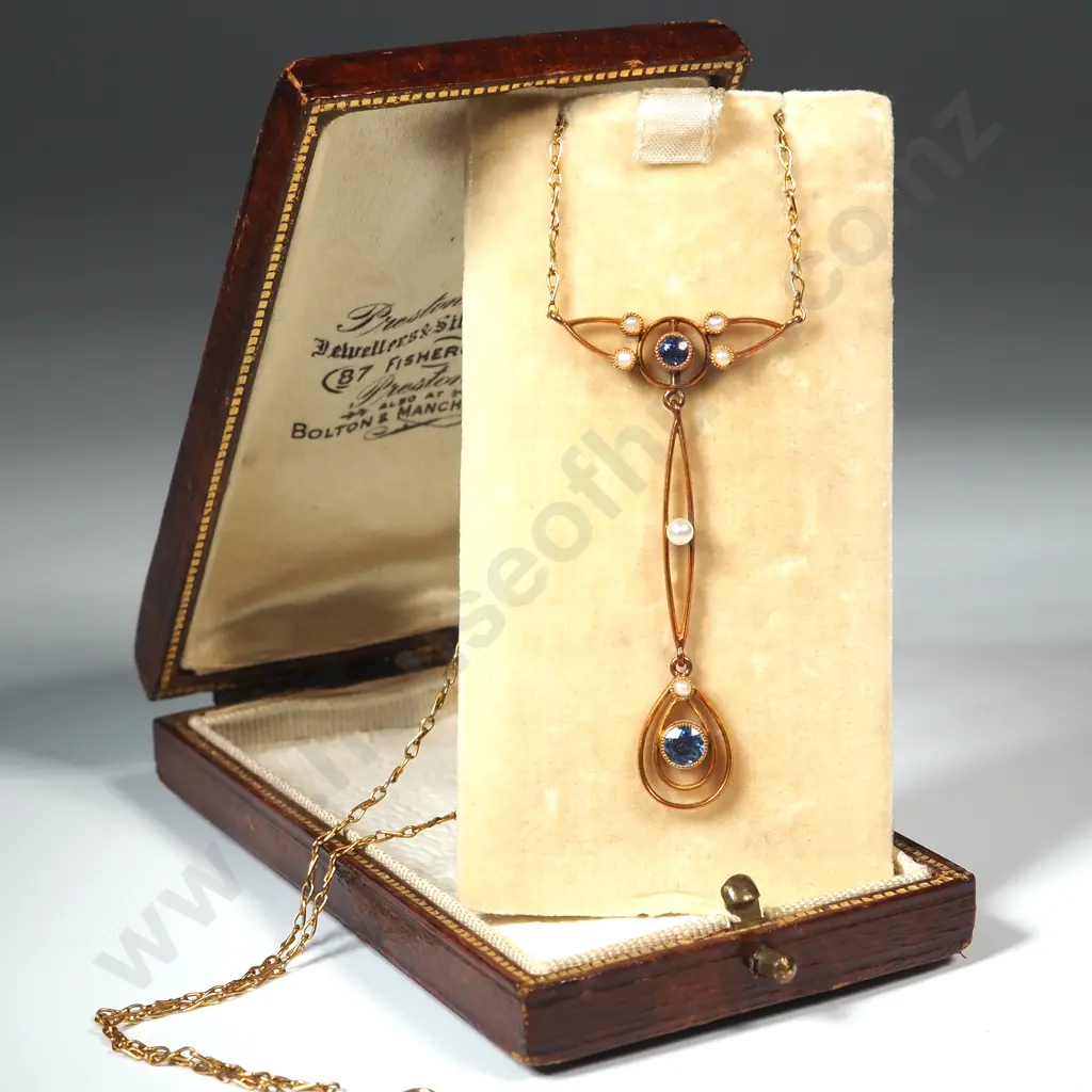 Cased Art Deco Antique 15ct Gold Sapphire & Seed Pearl Necklace Image 1++