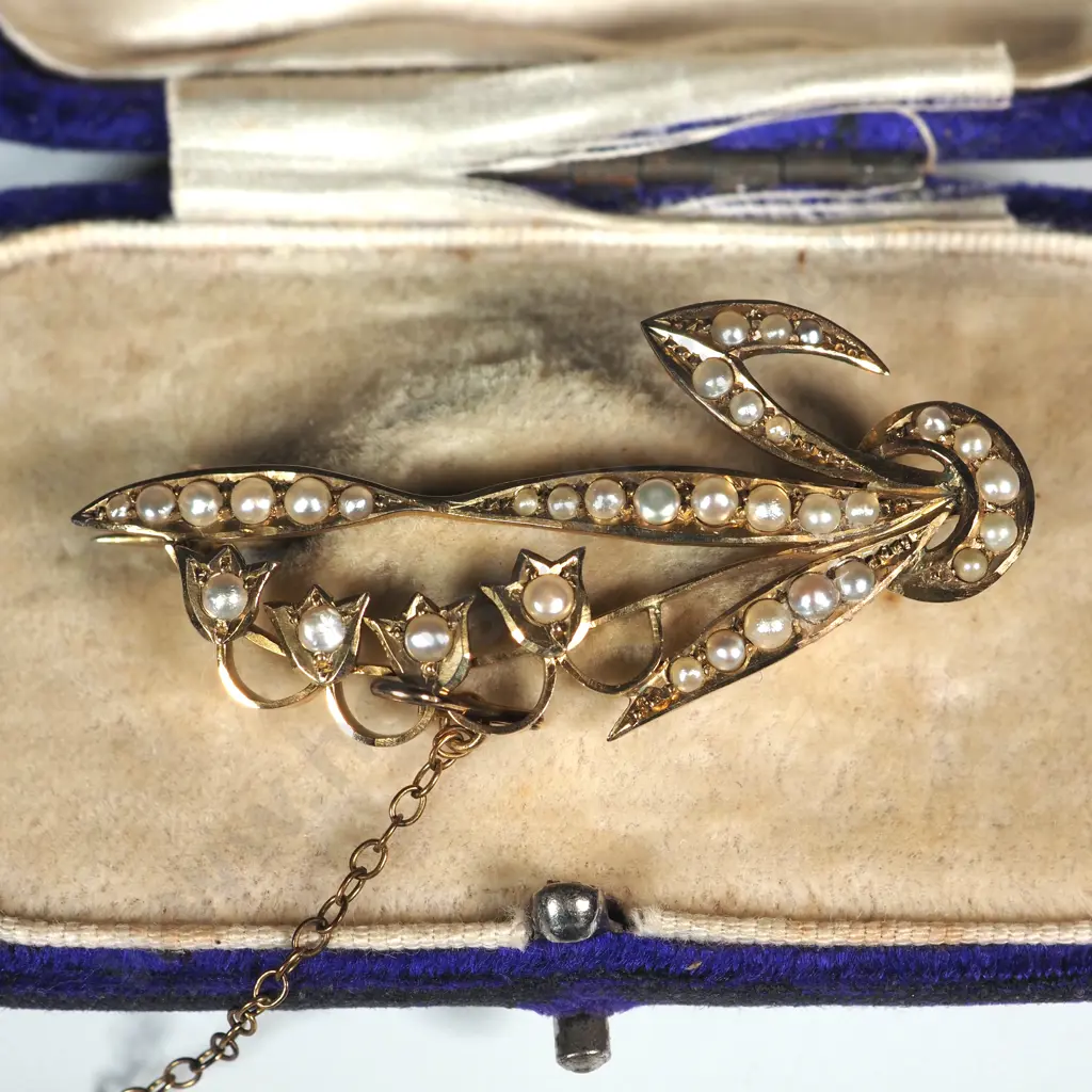 9ct Gold & Seed Pearl Lily Of The Valley Brooch In Antique Velvet Box Image 1++
