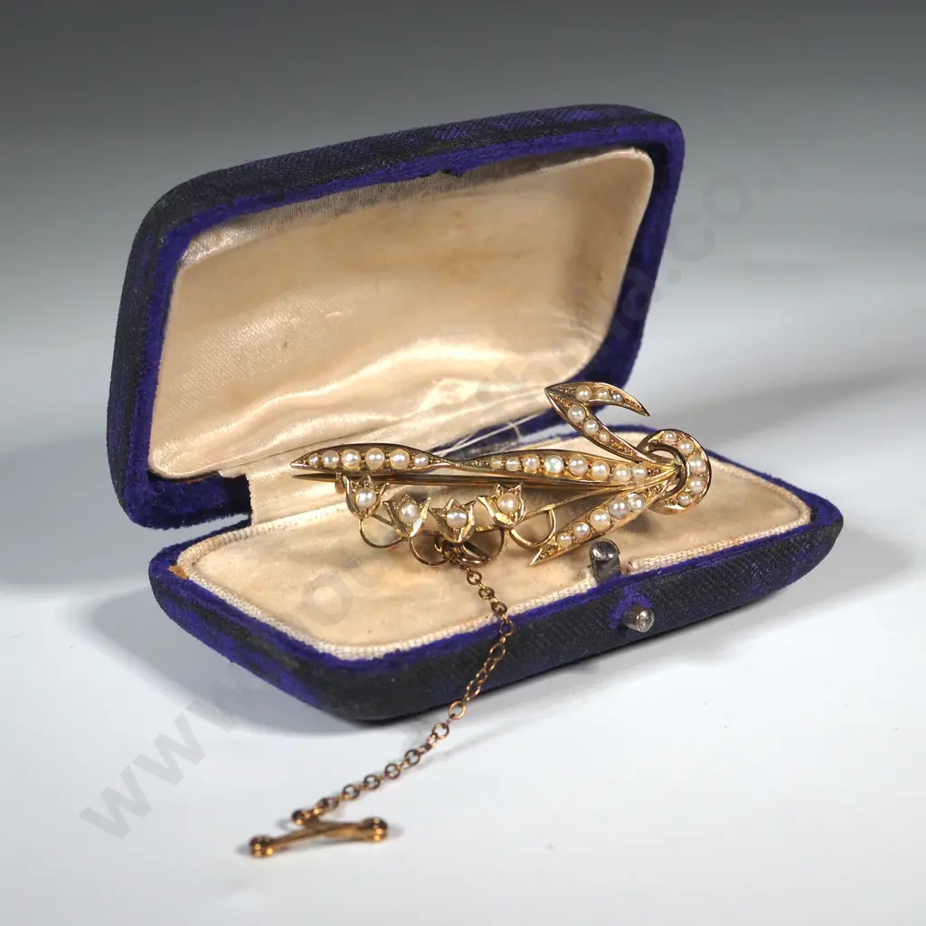 9ct Gold & Seed Pearl Lily Of The Valley Brooch In Antique Velvet Box Image 1++