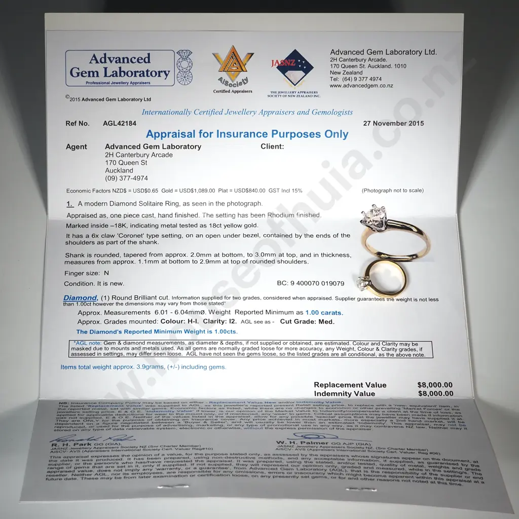 18ct Gold 1 Carat Diamond Solitarie Ring Valued at $8,000.00 Image 1++