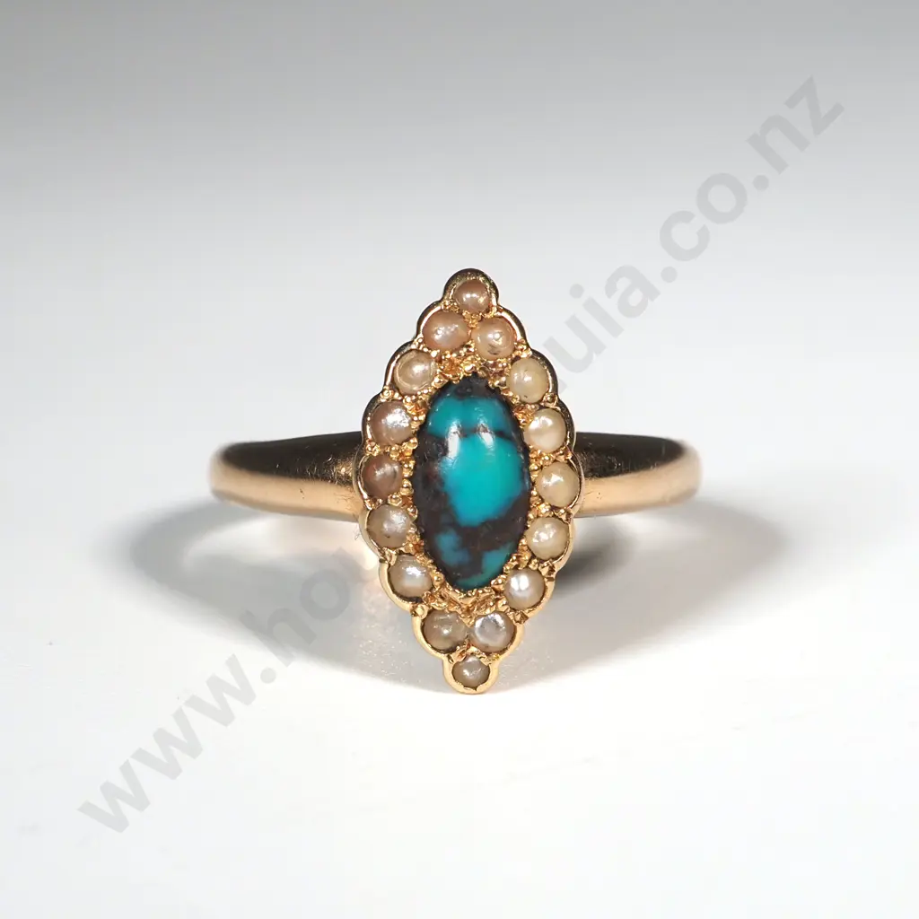 Antique 15ct Gold Turquoise & Seed Pearl Ring Image 1++