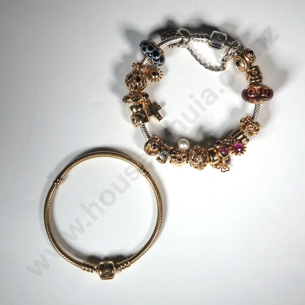 14ct Gold Pandora & Sterling Silver Charm Bracelets w 18 Charms Image 1++