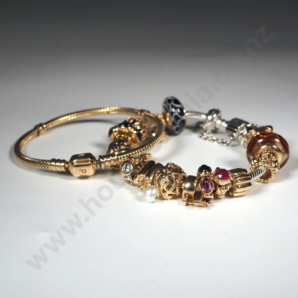 14ct Gold Pandora & Sterling Silver Charm Bracelets w 18 Charms Image 1++