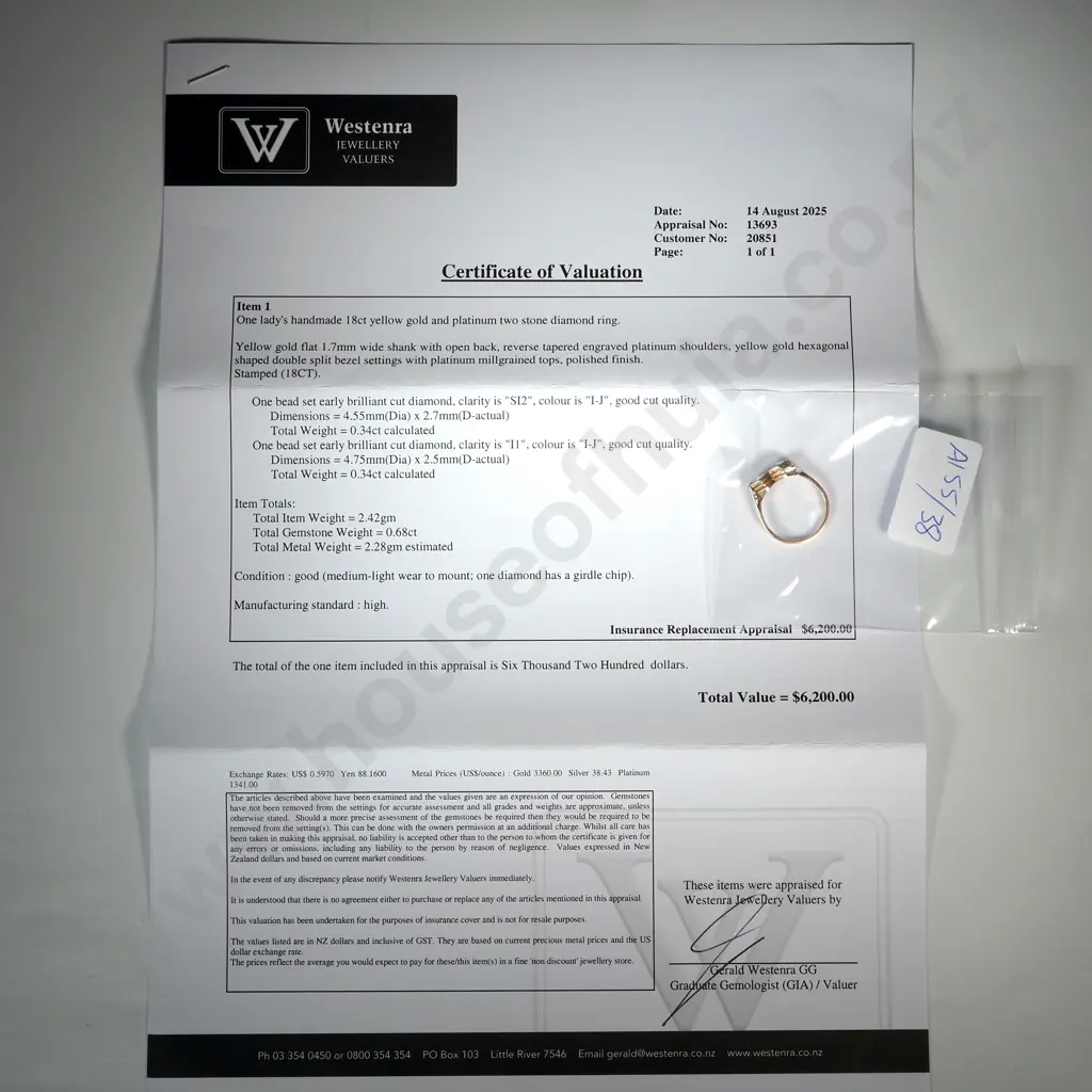 Antique 18ct Gold Two Diamond Ring Valued at $6,200 Image 1++