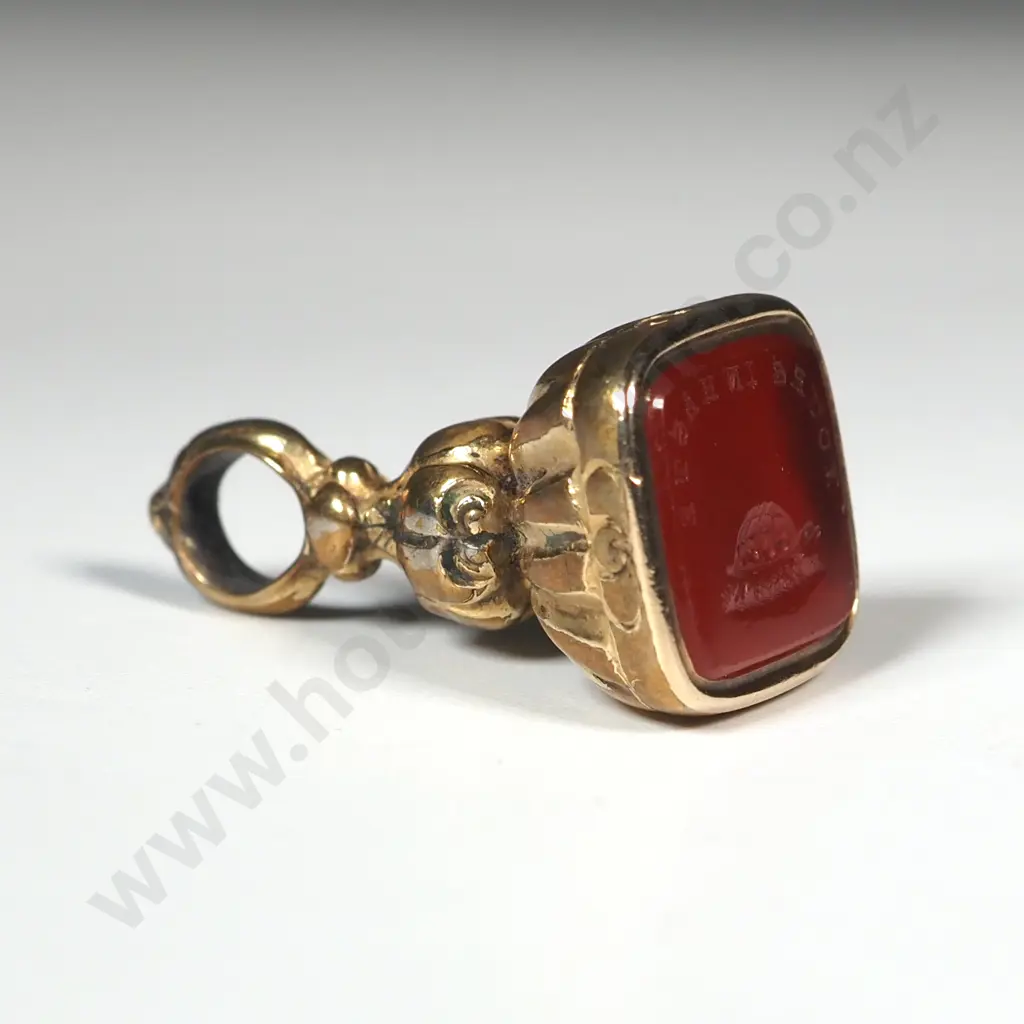 Victorian gold plated carnelian intaglio carved seal “Yours in Haste" with turtle Image 1++