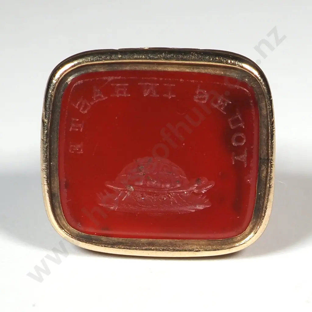 Victorian gold plated carnelian intaglio carved seal “Yours in Haste" with turtle Image 1++
