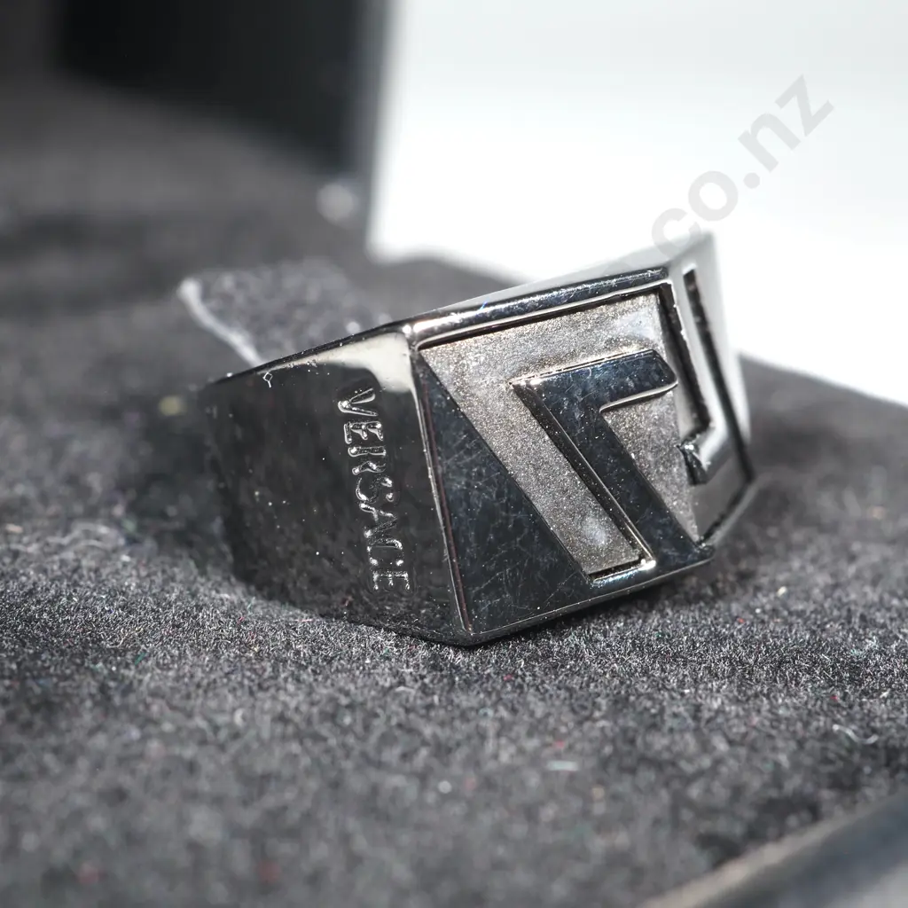 Versace Gunmetal Logo  Ring Greek Key Pattern & Logo Engraved On Face   Image 1++
