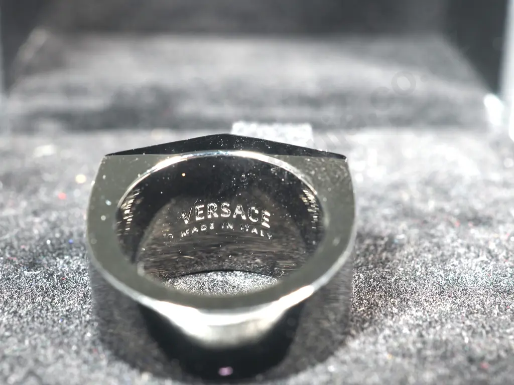 Versace Gunmetal Logo  Ring Greek Key Pattern & Logo Engraved On Face   Image 1++