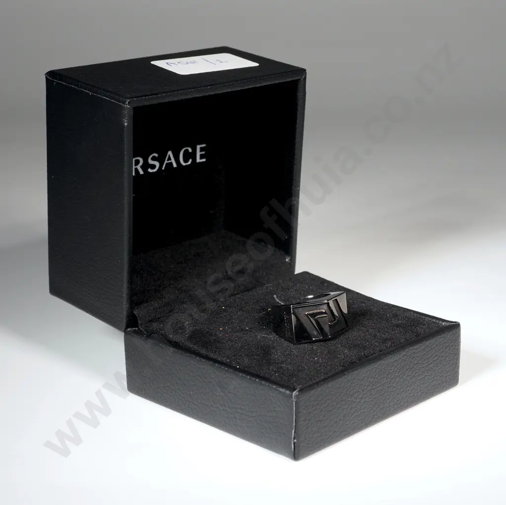 Versace Gunmetal Logo  Ring Greek Key Pattern & Logo Engraved On Face   Image 1++