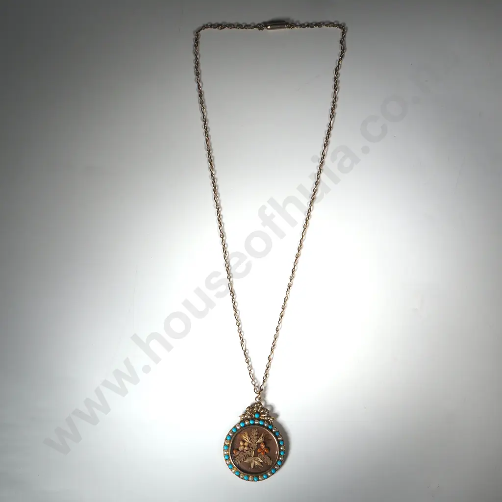 Victorian 15 ct Turquoise & Pearl Locket With Rolled Gold Chain Image 1++